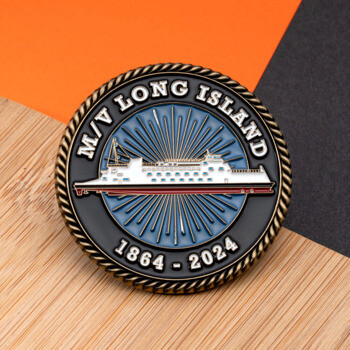 Circular challenge coin featuring the M/V Long Island ferry with a sunburst background and rope edge detail.