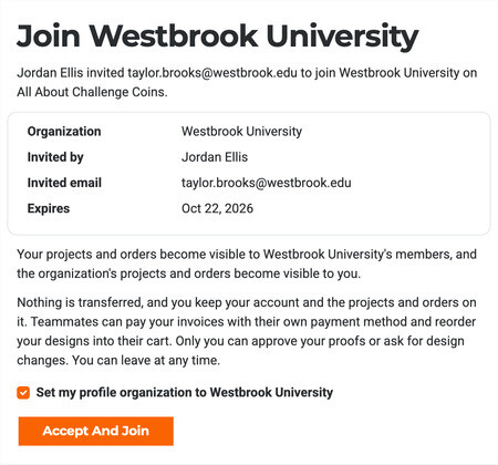 Join Westbrook University page with inviter, detail rows, what joining means, a profile checkbox, and Accept And Join.
