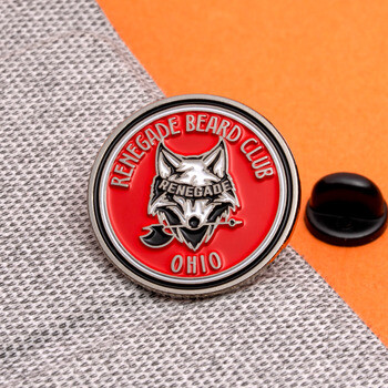 Circular enamel lapel pin for Renegade Beard Club Ohio featuring a wolf emblem against a red background with a black clutch.