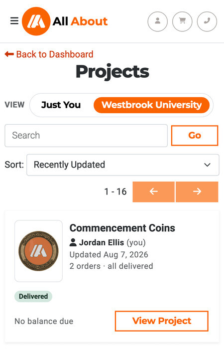 The same Projects list on a phone, with View set to Westbrook University and owner names on the cards.